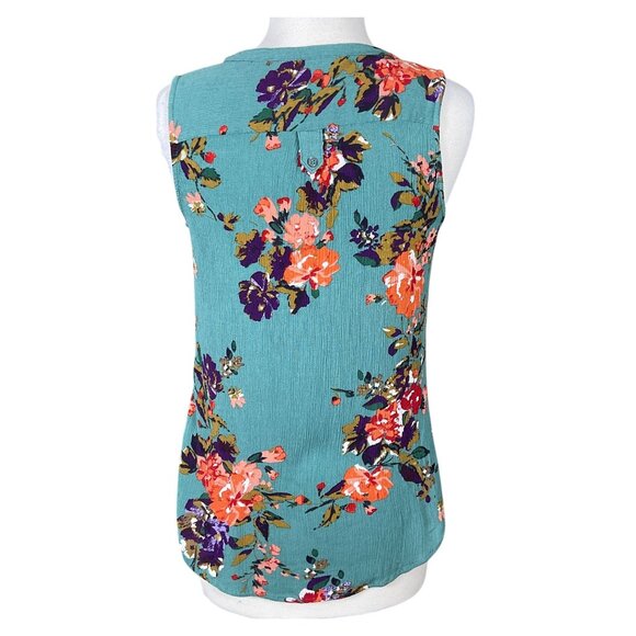 Market & Spruce Prat Henley Sleeveless Turquoise Gauzy Floral Blouse Med - Picture 4 of 8